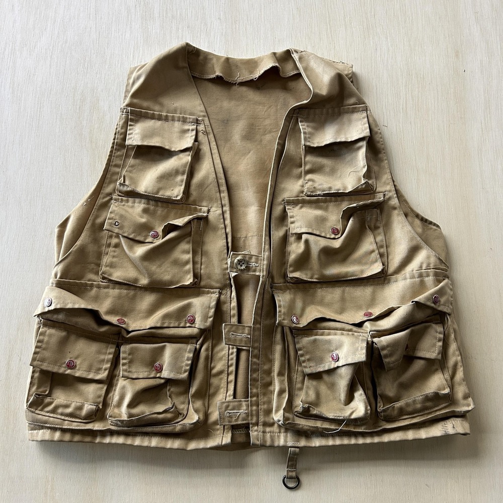Vintage Canvas Utility Vest Mens Large Beige Multi‎ Pocket Hunting Fishing